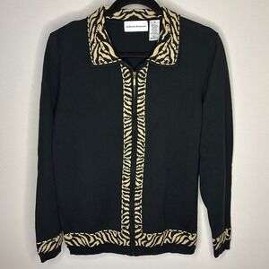 Alfred Dunner Black Tan Zebra Full Zip Cardigan Sweater Rhinestone Women's Small